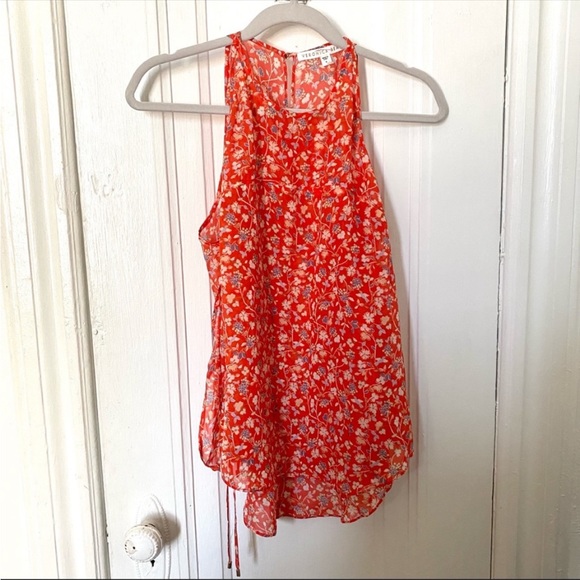 Veronica Beard 100% Silk Floral Cold Shoulder Blouse Red Tie Bow Sleeves - Picture 6 of 11